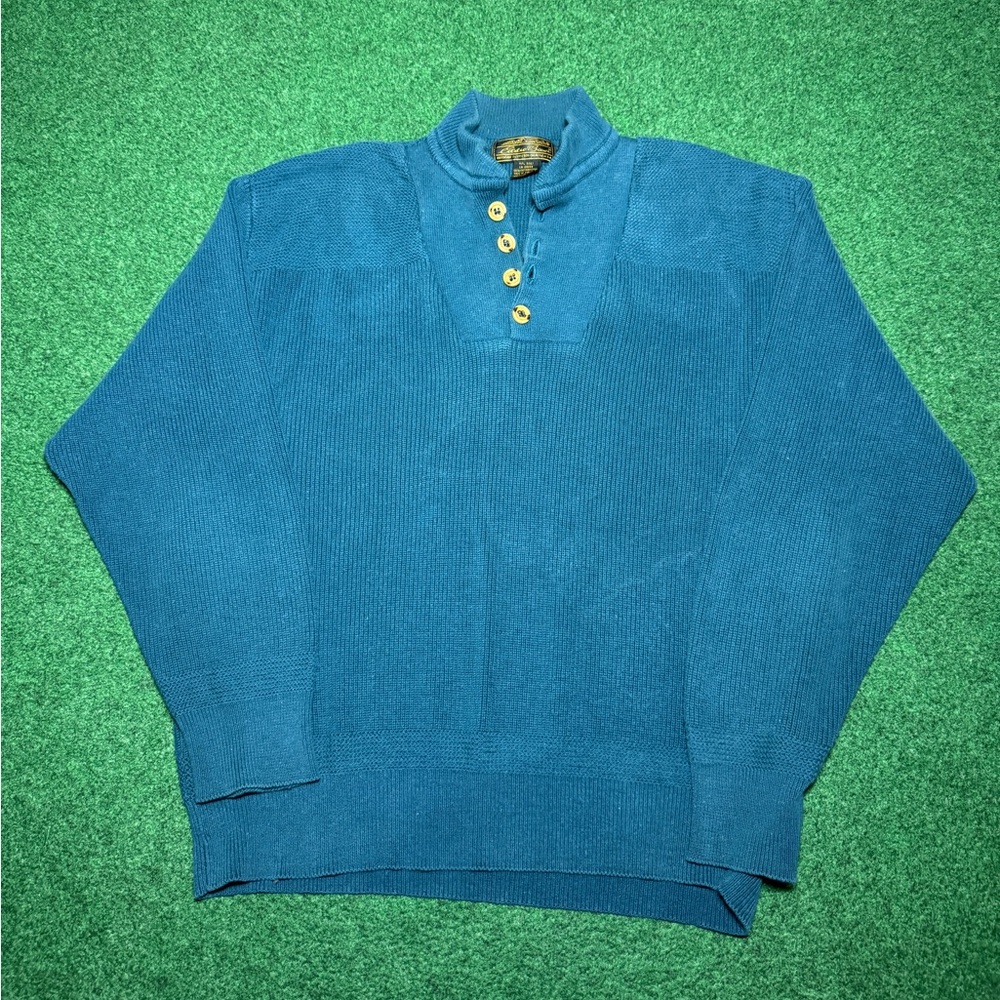 Vintage 80s Eddie Bauer Henley Sweater, Blue, Made in USA, Preppy (Large)